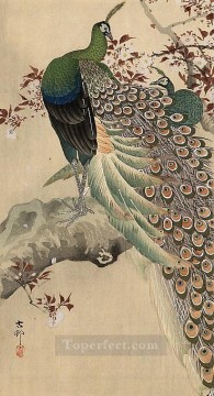 花 鳥 Painting - 花の咲く木の枝にいる2羽の緑の孔雀 大原古邨の鳥